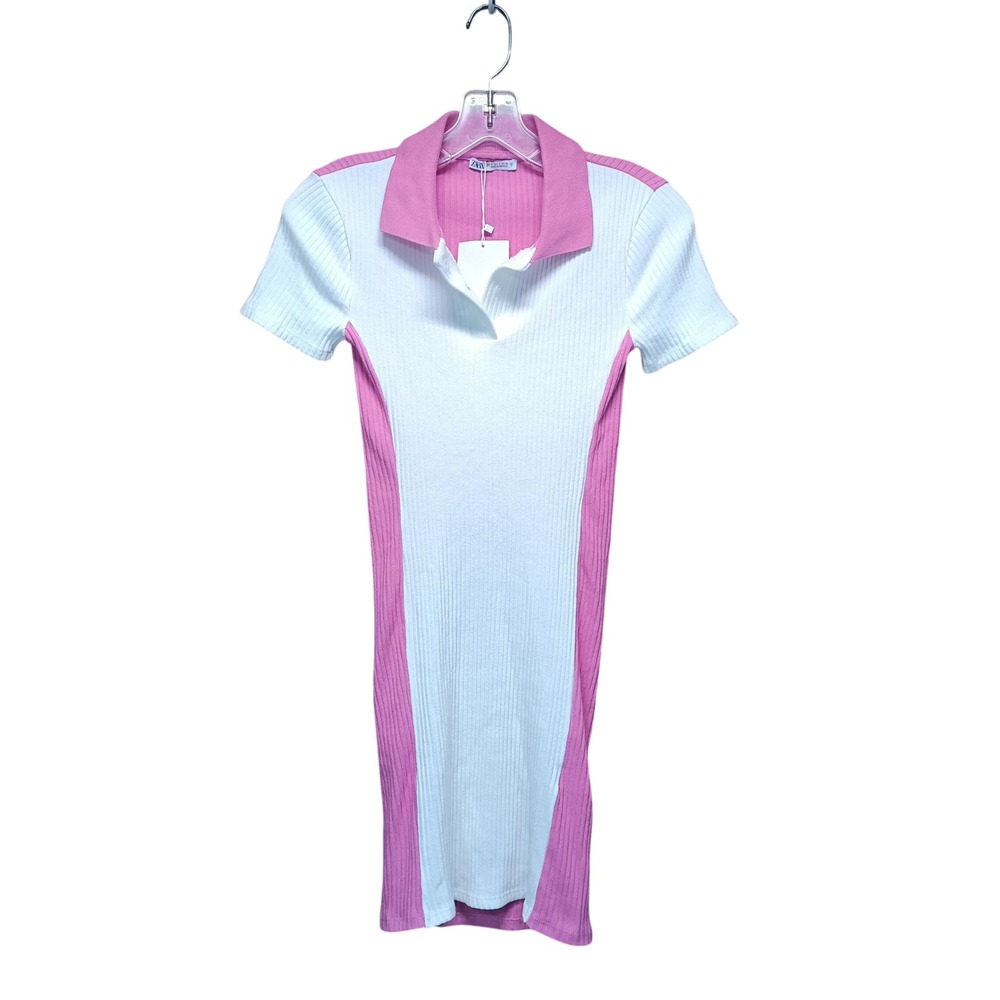 NWT Zara Ribbed Knit Mini Polo‎ Dress Womens S White Pink Colorblock Golf Sporty